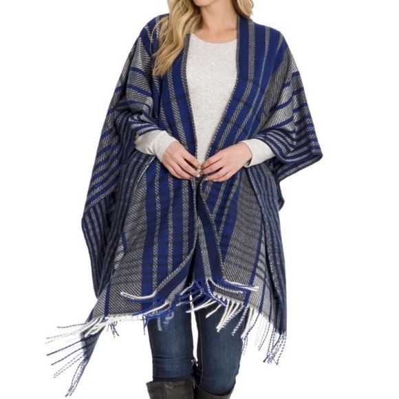 Woolrich Accessories - NWT Woolrich Blue Plaid Blanket Wrap Scarf Poncho with Fringe